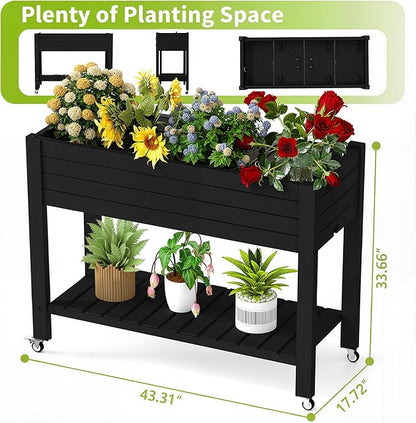Raised Garden Bed with Legs, 33.66" Tall Self-Watering Resin Planter Box with Lockable Wheels Drainage Plug and Gauge for Vegetables, Flowers, Storage Shelf for Tools and Accessories (Black)