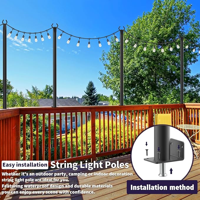 AILBTON 4.8Ft String Light Poles 6 Pack,Light Poles for Outside Lights,Outdoor with Fence Brackets Hanging Lights,Metal Stand Deck Patio Backyard