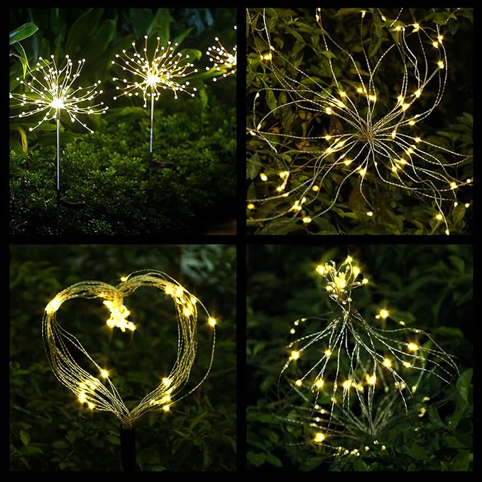 FOOING 6 Pcs Solar Garden Lights Solar Firework Lights, 200 LED String Light 2 Modes Twinkling Nightlight for Outside, Wedding, Party,Patio Home Deceration (Warm White)