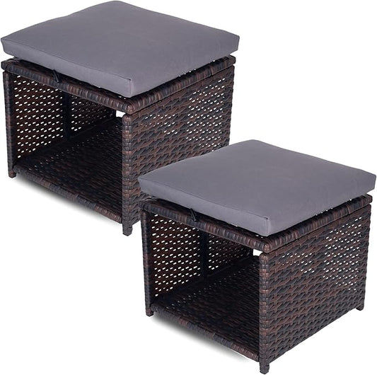 Outdoor Storage Ottoman (Set of 2) - All-Weather Wicker Patio Footstool with Washable Cushions - Sturdy Rattan Foot Rest & Hidden Box for Deck, Porch, Backyard & Balcony