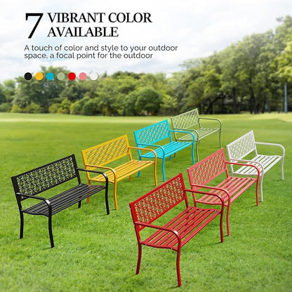 VINGLI 50" Outdoor Bench Metal with Floral Back, Garden Bench Front Porch Bench for Yard Patio Entryway Park Outside, 800lb Capacity - White