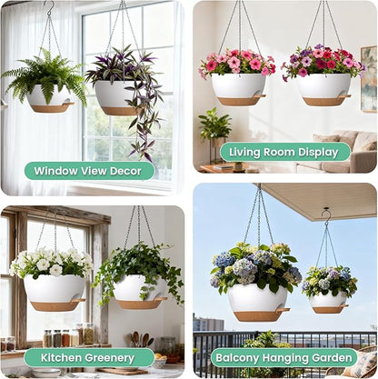 13 Inch 2 Pack Large Self Watering Hanging Planters for Indoor Outdoor Plants, Hanging Plant Pots with Removable 50 Oz Reservoir, Plastic Hanging Basket for Window Porch Garden, White with Brown