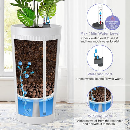 24in Tall Self-Watering Planters Set of 2 - White Flower Pots with Water Level Monitor, Non-Toxic Plastic Planters for Indoor Outdoor Patio, Porch, Living Room, Home Office