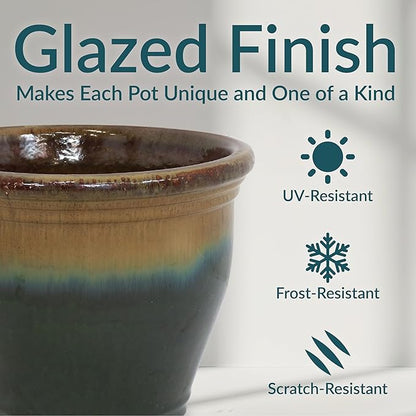 Sunnydaze Large Ceramic Plant Pot - Round Outdoor Glazed Ceramic Planter Pot with Drainage - Studio - Forest Lake Green - 14.5"