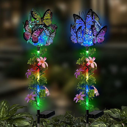 Solar Lights Outdoor Pathway,2 Pack Butterfly with Ball Garden Stakes,Colorful Twinkle Fairy Lights Decorations Outdoor for Yard,Lawn,Spring