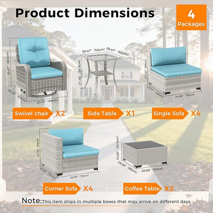 10-Seat Modern Patio Furniture Set with Swivel Rocking Chairs, Thick 4″ Cushions, Dual-Strand Wicker Rattan, Rust-Resistant Steel Frame – Outdoor Conversation & Modular Sectional,Blue