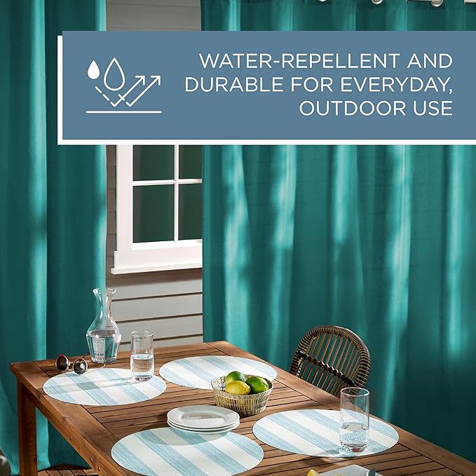 TOWN & COUNTRY BASICS Cabana Solid Heavyweight Indoor Outdoor Curtains, Light Filtering Opacity with Grommet Top, Water Repellent, 2-Pack Set, 54"x84", Dark Teal