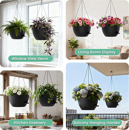 13 Inch 2 Pack Large Self Watering Hanging Planters for Indoor Outdoor Plants, Hanging Plant Pots with Removable 50 Oz Reservoir, Plastic Hanging Basket for Window Porch Garden Balcony, Black
