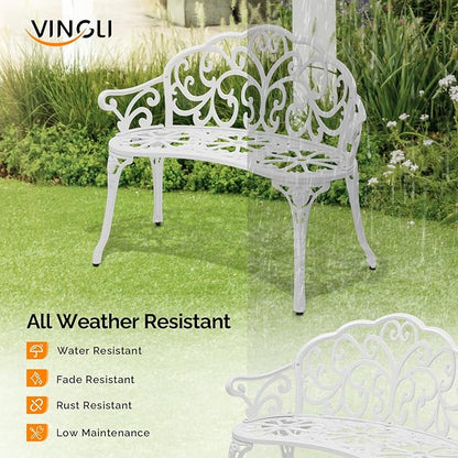 VINGLI 38.5" Patio Park Garden Outdoor Metal Rose Bench, 2-Person Cast Iron Cast Aluminium Frame Antique Finish Chair,Accented Lawn Front Porch Path Yard Decor Deck Furniture (White, Butterfly)