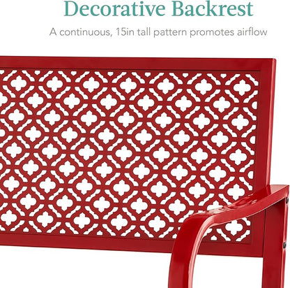Best Choice Products Outdoor Bench 2-Person Metal Steel Benches Furniture for Garden, Patio, Porch, Entryway w/Geometric Backrest, 790lb Capacity - Rose Red
