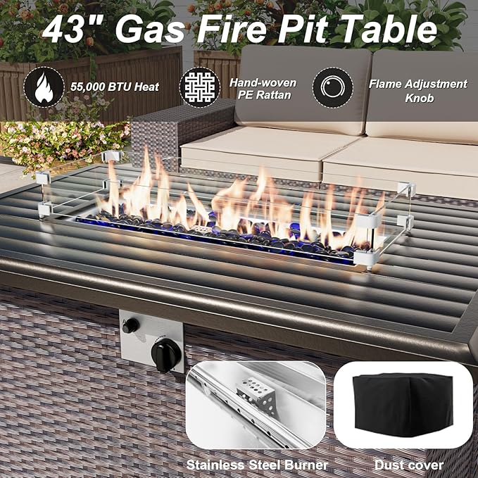 ALAULM 10 Pieces Patio Furniture Set with 2 Swivel Chairs Patio Furniture Outdoor Sectional Sofas with 55000 Gas Fire Pit Patio Conversation Set w/7 Cushions-Dark Blue