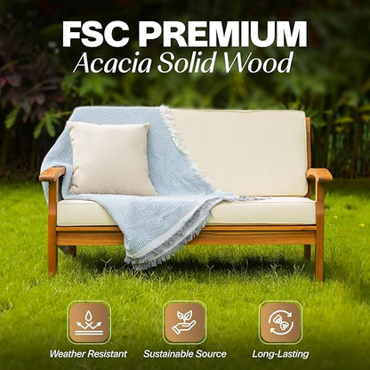 Idzo Laurent 700lbs Capacity Acacia Outdoor Loveseat, FSC Certified 2 Seater Patio Sofa with 3.9in Thick Cushions, Teak Finish Porch Couch for Garden Backyard