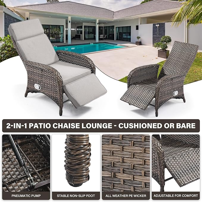 Belord Versatile Outdoor Recliner Chair Set of 3 - Reclining Patio Chair with Adjustable Backrest and Footrest, All-Weather Wicker Chaise Lounge Chair Outdoor with Side Table for Pool Deck Brown