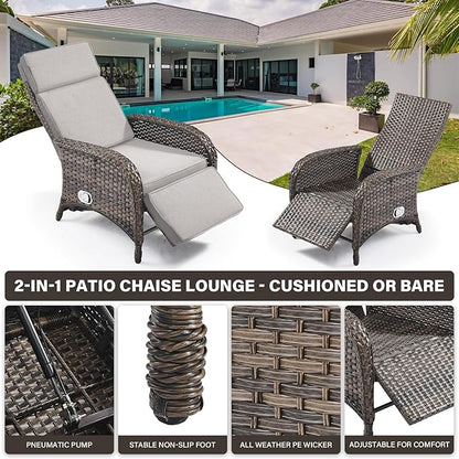 Belord Versatile Outdoor Recliner Chair Set of 3 - Reclining Patio Chair with Adjustable Backrest and Footrest, All-Weather Wicker Chaise Lounge Chair Outdoor with Side Table for Pool Deck Brown