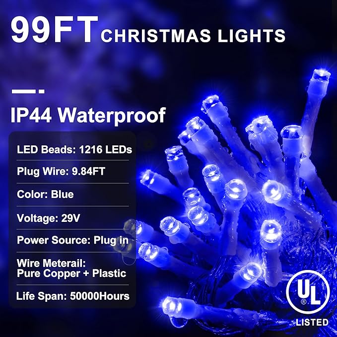 String Lights 99 ft Blue LED Strand with 8 Lighting Modes