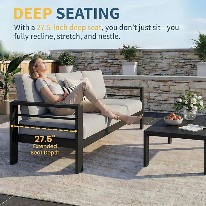 Solaste Aluminum Patio Furniture Set for All Weather, Oversized Outdoor Furniture Set with 27.5" Deep Seating and 3.2" Wide Armrest, Outdoor Patio Conversation Sets with 5" Cushion,Black and Grey