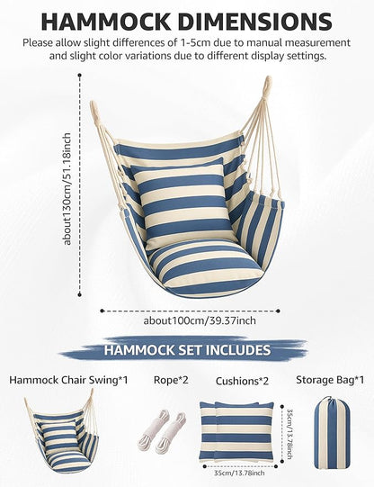 Hammock Chair Swing 2 Cushions Included - Hanging Rope Swing Max 400 Lbs Sturdy Soft Cotton Indoor for Bedroom Swing Chair Outdoor Patio Bedroom Porch Deck (Blue White Stripes)