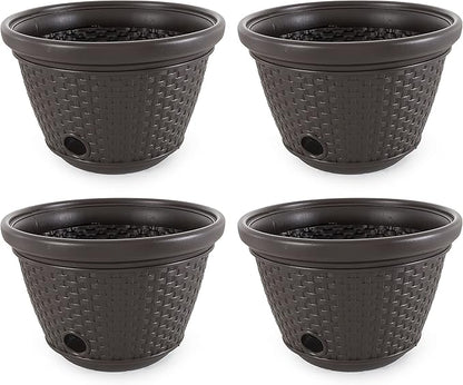 Suncast 4 Pack Wicker Hose Pot, Decorative Resin Garden Hose Storage, 100ft 5/8in Standard Vinyl Hose Capacity with 4 Drain Holes, 18in x 12in, Java