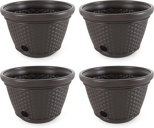 Suncast 4 Pack Wicker Hose Pot, Decorative Resin Garden Hose Storage, 100ft 5/8in Standard Vinyl Hose Capacity with 4 Drain Holes, 18in x 12in, Java
