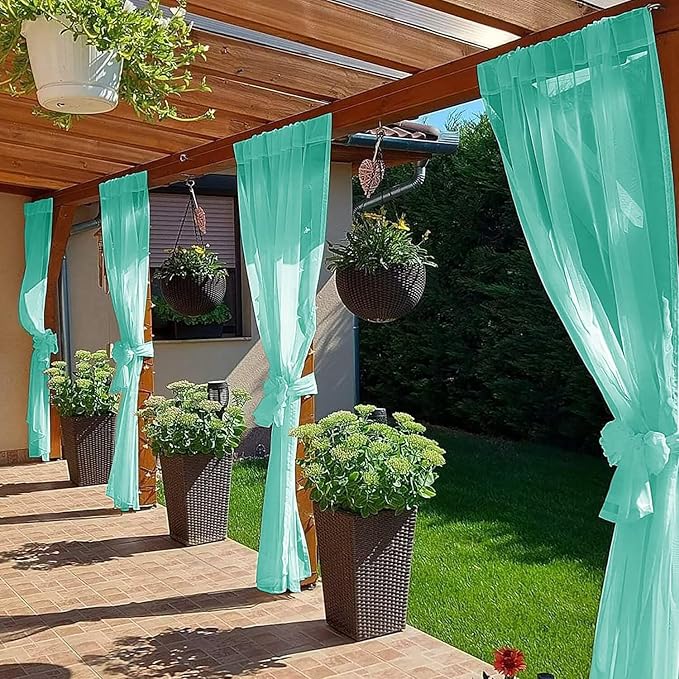 SpaceDresser Waterproof Outdoor Sheer Curtains for Patio - 2 Panels Rod Pocket Indoor Voile Sheer Curtain for Living Room,100W x 84L inch, Turquoise