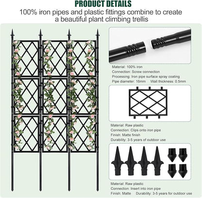 Garden Trellis for Climbing Plants Outdoor 5.25 FT, Iron Pipe Metal Support Wall Tall Plant Trellis Lattice Fence Plant Support with Garden Twist Tie for Ivy Vines Rose