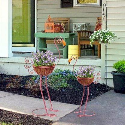 Metal Flamingo Planter with Basket -Garden Bird Planters for Outdoor Indoor Lawn,Yard,Porch,Patio, Garden Decorations（Set of 2）