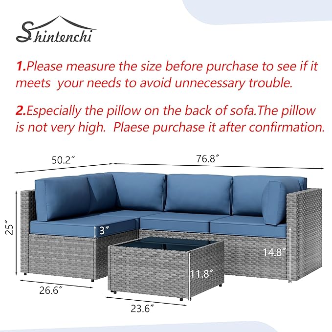 Shintenchi 5 Pieces Outdoor Patio Furniture Sets, Patio Sectional Sofa Couch, Gray PE Wicker Furniture Modular Patio Conversation Sets Patio Sofa with Washable Cushions & Table（Aegean Blue）