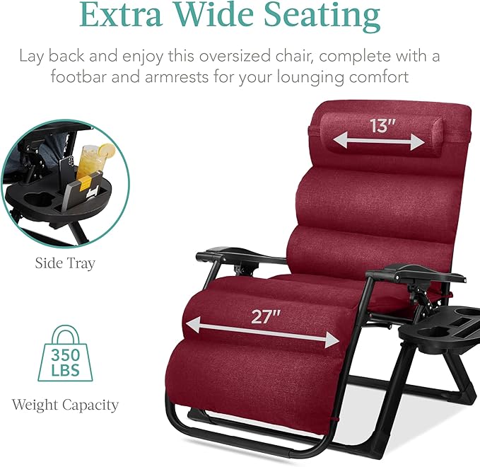 Zero Gravity Recliner, Burgundy with Removable Cushion and Side Tray