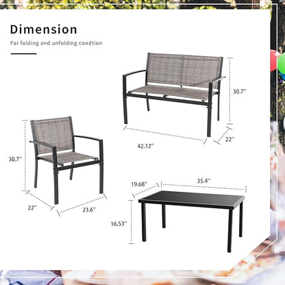 Shintenchi 4 Pieces Patio Furniture Set All Weather Textile Fabric Outdoor Conversation Set, with Glass Coffee Table, Loveseat, 2 Single Chairs for Home, Garden, Lawn, Porch（Light Brown）