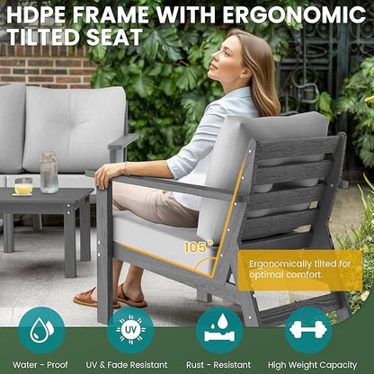 6-Piece HDPE Patio Furniture Set, Outdoor Sectional Sofa Set,All Weather Outdoor Couch with Dust-Free Cushions, Durable Patio Conversation Sets for Balcony, Porch, Gray