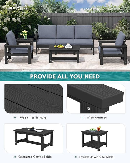 SERWALL HDPE Patio Furniture Set, 7-piece Outdoor Sectional Sofa Set, All Weather Outdoor Couch Set for Deck, Lawn, Black Frame with Grey Cushion