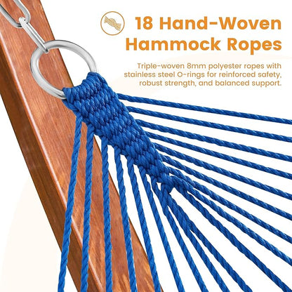 Lazy Daze Hammocks 10.5 FT Double 2 Person Caribbean Rope Hammock, Hand Woven Polyester Hammock with Spreader Bars, for Outside Outdoor Backyard Patio Poolside, 450 LBS Capacity, Blue/Green