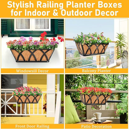 Riare 4 Pack 16 Inch Metal Railing Planter Window Box with Coco Liner- Adjustable Window Flower Boxes for Railings, Hanging Rail Planters for Deck, Balcony, Porch, Fence, Indoor Outdoor Plants