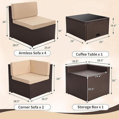 8-Piece Patio Furniture Set, Outdoor Wicker Rattan Sectional with Thick Cushions, Glass Top Table with Hidden Storage, Outdoor Conversation Set for Backyard, Porch, Patio, Beige