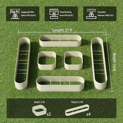 6-Pack 18” Tall Galvanized Raised Garden Beds – New Home Garden Layout, Fits 300 Sq Ft Backyard, 10x2x1.5 & 4x4x1.5 ft Metal Planter Raised Beds Set for Vegetable, Herb & Flower - Moss Green