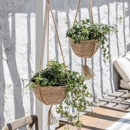 LA JOLIE MUSE Natural Seagrass Hanging Planter Basket Set,Indoor Plant Pots, Boho Decor Plant Pot Cover, 9 (D)*5.5(H) Inch, Pack 2