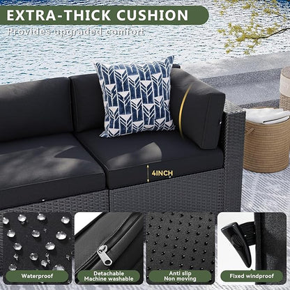 Aoxun 7 Piece Patio Furniture Set, Wicker Rattan Patio Sectional Sofa, Outdoor Furniture Set with Thickened Cushion, Black