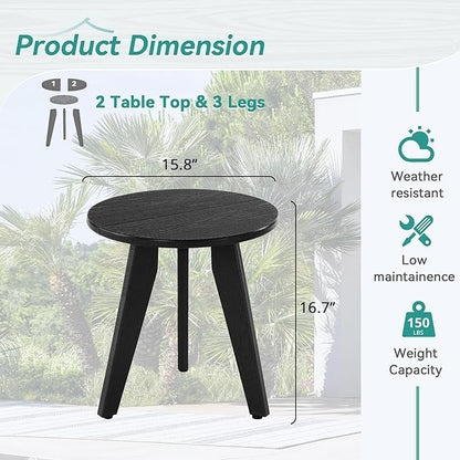 HDPS Outdoor Side Table, Small Round Side Table Weather-Resistant, Outdoor Side Tables for Patio, Porch, Deck, End Table for Plant Stand, Living Room, Bedroom, Black
