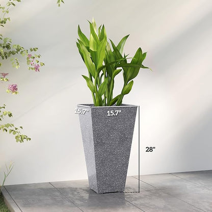 Outsunny 28 Inch Tall Planters for Outdoor Plants, Set of 3 Plastic Flower Pots with Marble Finish and Drainage Holes, Stackable Tapered Large Planters for Indoor Plants, Front Porch Decor, Gray