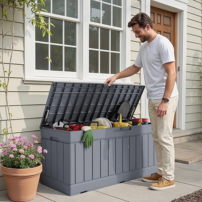 Deck Box, Grey Resin Storage Bench with Lockable Lid and Rattan Pattern