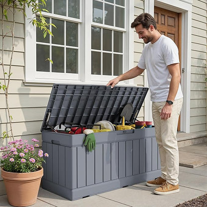 Deck Box, Grey Resin Storage Bench with Lockable Lid and Rattan Pattern