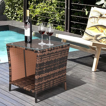 VINGLI Outdoor Wicker Side Table Patio Side Tables for Outside, Tempered Glass Top Wicker Table with Storage End Table for Balcony Porch Deck (Brown)