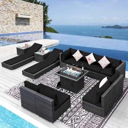 NICESOUL 13 Piece Outdoor Sectional with Fire Pit Table, All-Weather Wicker Modular Patio Furniture Set with Firepit & Chaise Lounge, Large Deep Sitting for Backyard, Deck, Grey & Black