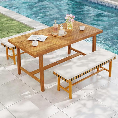 Tangkula 3 Piece Patio Dining Set for 4 People, 63” Outdoor Acacia Wood Rectangular Table with 1.97” Umbrealla Hole & 2 Cushioned Bench, for Deck Yard and Poolside