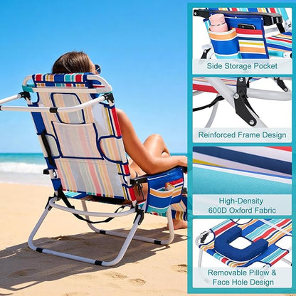 ABORON Tanning Chair with Face Hole, 5-Position Adjustable Reclining Beach Lounge Chair, Folding Face Down Sun Lounger for Beach, Poolside, Patio, Lawn, Home(Multicolor Stripes)