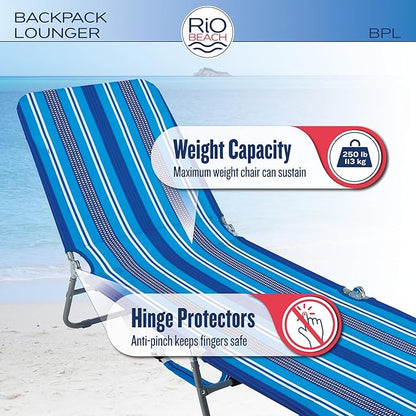 Rio Beach Portable Lay Flat Folding Backpack Beach Lounge Chair with Backpack Straps and Storage Pouch, Blue and Red