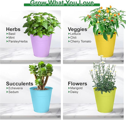 Herb Garden Planter Indoor Kit – 6 Metal Pots with 2 Trays for Windowsill & Kitchen Counter – Modern Decorative Indoor Planters for Herbs, Succulents & Small Plants