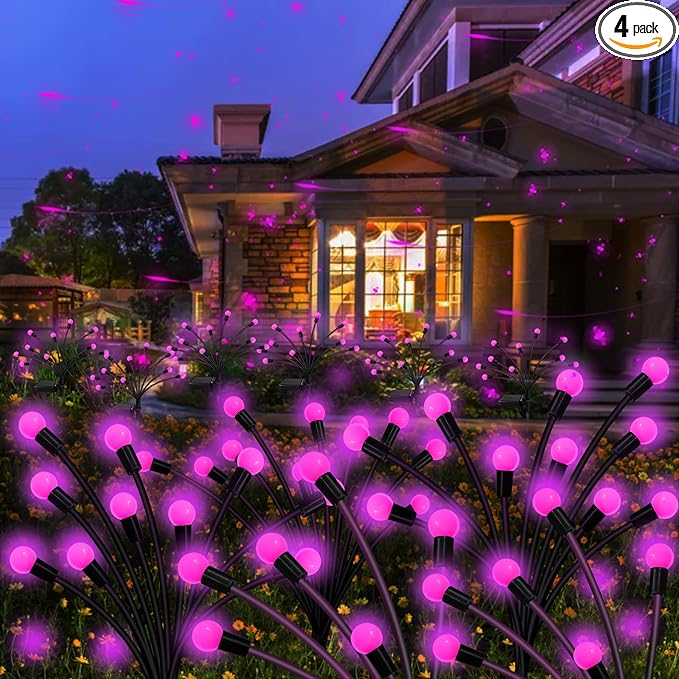 Kohlrabi Solar Garden Lights Outdoor, 4 Pack 40 LED Solar Pink Firefly Lights Waterproof, Starburst Wind Swaying Light for Outside Yard Patio Planter Flower Bed Walkway Christmas Decoration