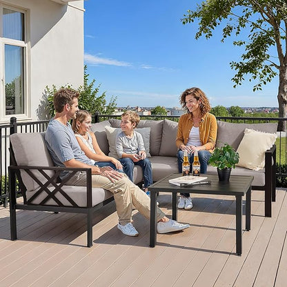 Patio Furniture Set, 6-piece Metal Sectional Furniture Sofa with Coffee Table, L Shaped Outdoor Couch with Olefin Cushion, Highback Frame, Outdoor Patio Conversation Sets for Balcony Backyard, Grey