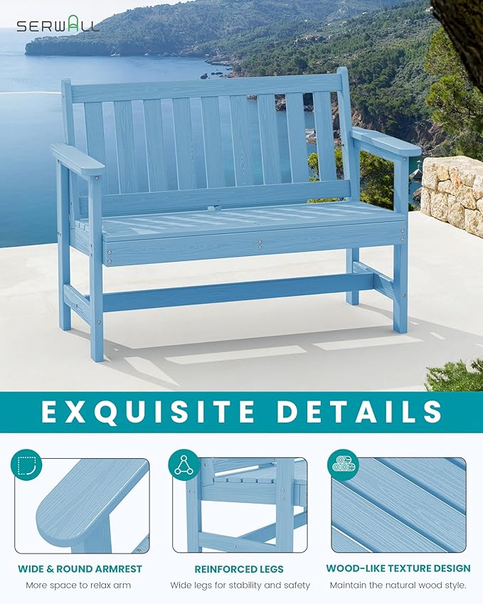 SERWALL Outdoor Bench, HDPE Outdoor Benches Weatherproof, 2-Person Garden Bench with 660 lbs Weight Capacity, Patio Benches for Outdoors, Garden, Porch, Backyard and Park, Light Blue, 4 Pack